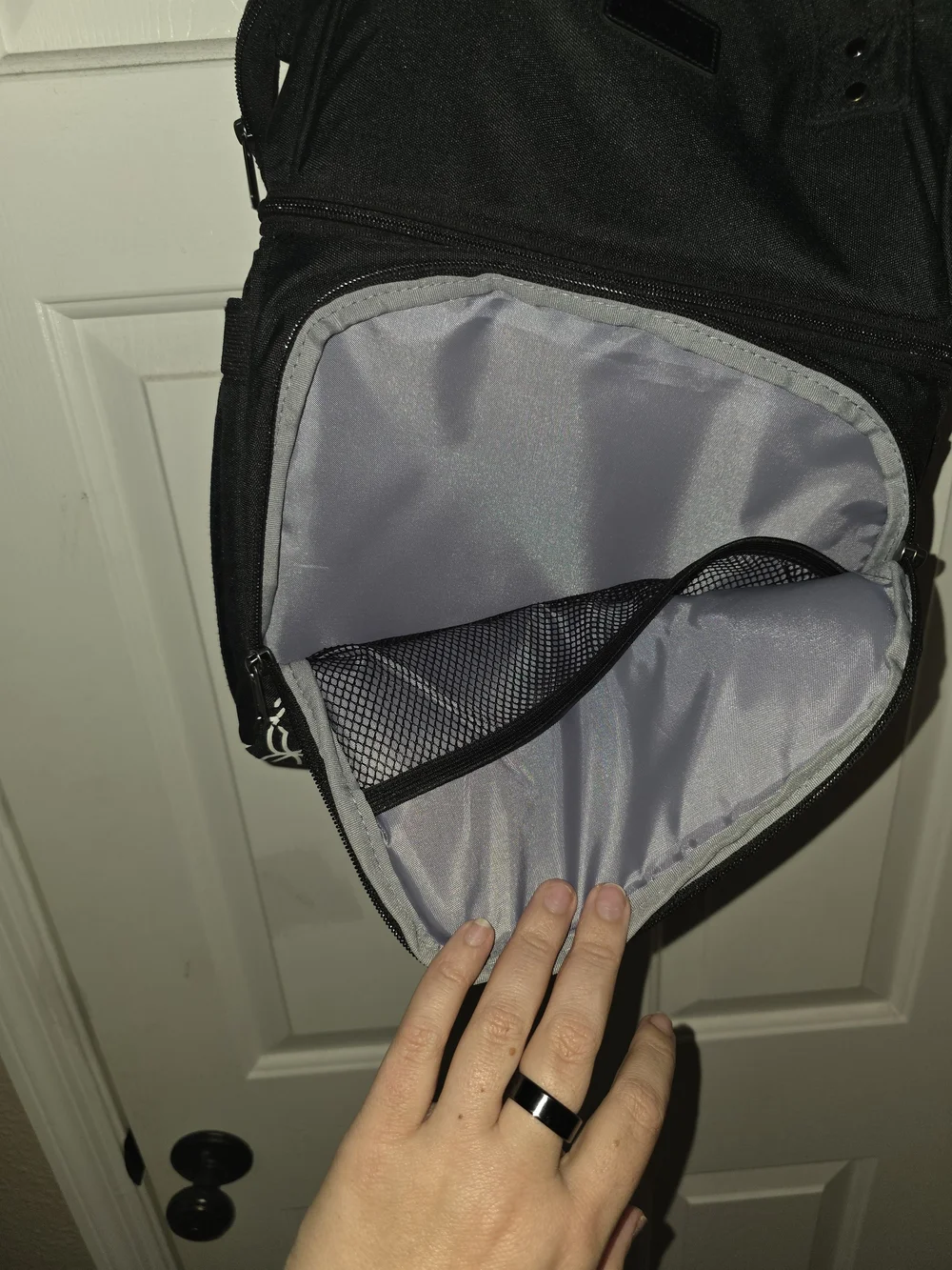 Black Insulated Backpack Cooler with White Geometric Front
